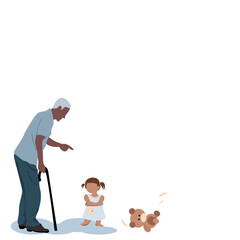 Vector isolate flat design no face of Grandfather standing holding a walking stick teaching granddaughter who is standing with her arms crossed Showing stubbornness after throwing away the teddy bear.