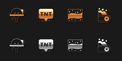 Set Miner helmet, Dynamite, Gold mine and Conveyor belt carrying coal icon. Vector