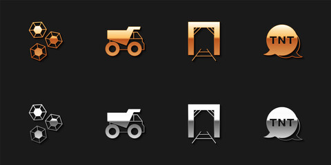 Set Gem stone, Mining dump truck, Mine entrance and Dynamite icon. Vector