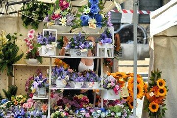 floral shop compositions on display at open air market Turin Italy September 19 2021