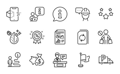 Business icons set. Included icon as Augmented reality, Dirty water, Stars signs. Piggy bank, Exhibitors, Update document symbols. Foreman, Discount, Truck parking. Flag, Report document. Vector
