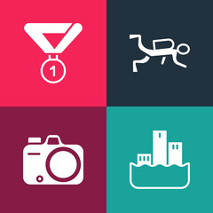 Set pop art Winner podium, Photo camera, Scuba diver and Medal icon. Vector