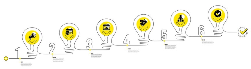 Lightbulb journey path infographics. Trade Infographic timeline with 6 steps. Shopping process diagram with Discounts calendar, Shop, Payment and Shopper with purchases icons. Vector