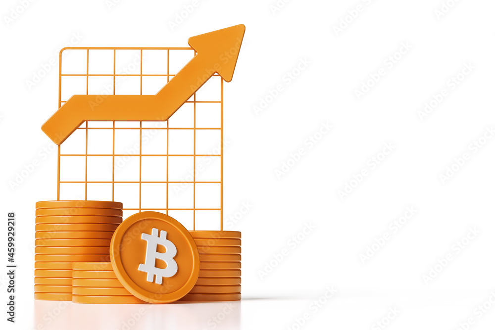 Poster bitcoin coins stacked next to a chart board with an uptrend arrow, minimal orange and white color sc