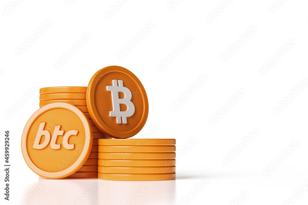 Aufkleber stacked bitcoin coins and copy space for a cryptocurrency concept. orange and white color scheme bit