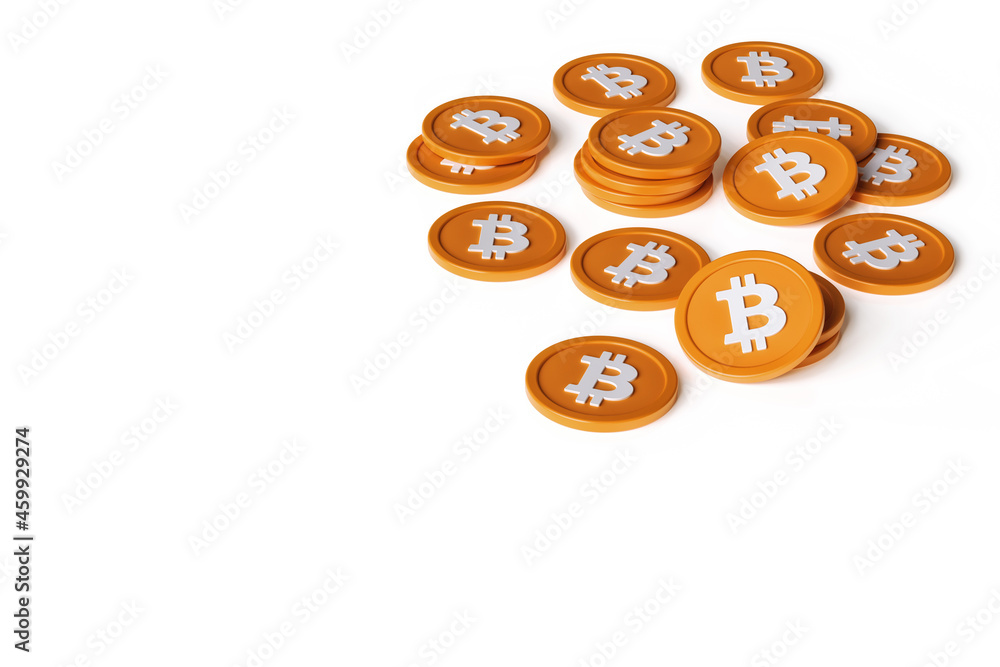 Poster bitcoin coins randomly scattered on a white surface. isolated cryptocurrencies on a clean white back