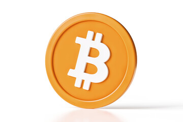 3D Bitcoin icon in orange and white colors, isolated on white background. High quality 3D rendering.