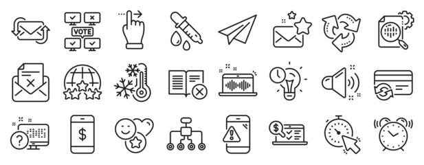 Set of Technology icons, such as Chemistry pipette, Favorite mail, Warning message icons. Music making, Time management, Loud sound signs. Reject letter, Recycle, Online accounting. Timer. Vector