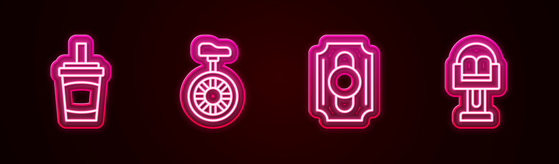 Set line Paper glass with water, Unicycle or one wheel bicycle, Circus ticket and Attraction carousel. Glowing neon icon. Vector