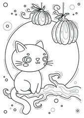 Coloring page with cat and moon, hand-drawn vector illustration.