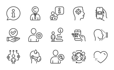 People icons set. Included icon as Global business, Sick man, Face id signs. Copyrighter, Heart, Find user symbols. Business way, Recruitment, Security. Education, Mail app line icons. Vector