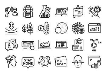 Vector set of Stay home, Internet documents and Fahrenheit thermometer line icons set. Calendar report, Money wallet and Credit card tag. Coronavirus, Journey path and Chemical formula icons. Vector