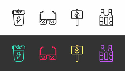 Set line Police electric shocker, Safety goggle glasses, Protest and Bulletproof vest on black and white. Vector