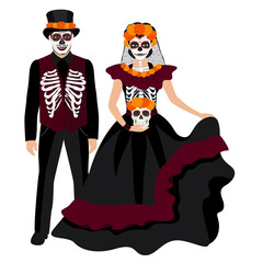 Vector Dia de Los Muertos. Day of the Dead or Mexico. Couple celebrate typical Mexican holiday, wear special costumes. Vector illustration.