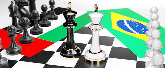 United Arab Emirates and Brazil conflict, clash, crisis and debate between those two countries that aims at a trade deal and dominance symbolized by a chess game with national flags, 3d illustration