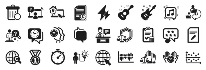 Set of Education icons, such as Delegate work, Exhibitors, International Copyright icons. Musical note, Search employee, Justice scales signs. Clock, Ranking star, Financial documents. Vector