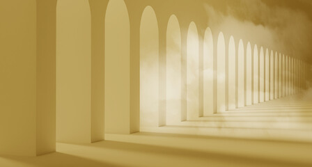 Perspective of archs and columns polluted with toxic smoke, 3d illustration