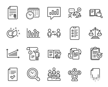 Vector set of Teamwork business, Checklist and Justice scales line icons set. Recovery file, Engineering documentation and Bureaucracy icons. Lawyer, Chart and Attachment signs. Vector