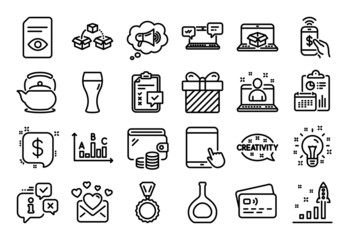 Vector set of Creativity, Development plan and Megaphone line icons set. Calendar report, Money wallet and Credit card tag. Online delivery, Phone payment and Cognac bottle icons. Vector
