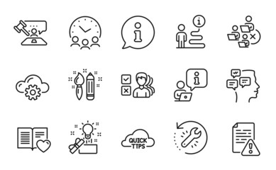 Education icons set. Included icon as Creativity, Meeting time, Quick tips signs. Creative idea, Opinion, Messages symbols. Recovery tool, Judge hammer, Love book. Cloud computing. Vector