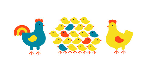 Chicken family. Rooster, hen and bunch of cute newly hatched chicks. Flat vector illustration isolated on white.