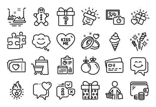 Vector set of Love tickets, Ice cream and Smile line icons set. Calendar report, Money wallet and Credit card tag. Buyer, Gingerbread man and Christmas ball icons. Vector
