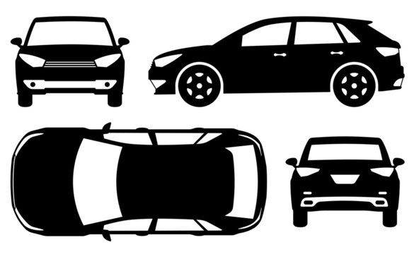 Crossover Silhouette On White Background. Vehicle Icons Set View From Side, Front, Back, And Top