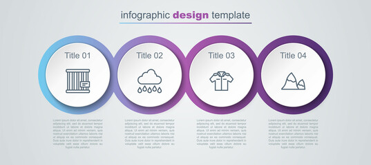 Set line Animal cage, Cloud with rain, Shirt and Mountains. Business infographic template. Vector