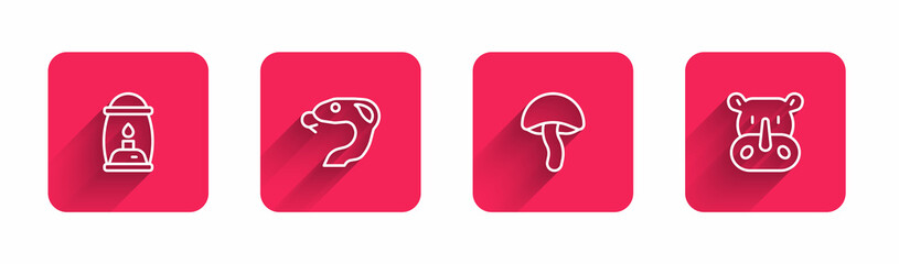 Set line Camping lantern, Snake, Mushroom and Rhinoceros with long shadow. Red square button. Vector
