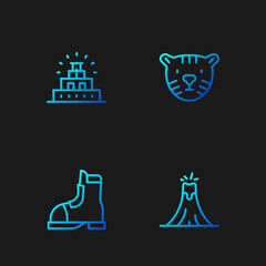 Set line Volcano eruption, Hunter boots, Chichen Itza in Mayan and Tiger head. Gradient color icons. Vector