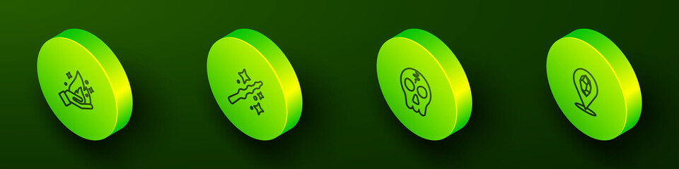 Set Isometric line Hand holding fire, Magic wand, Skull and stone icon. Vector