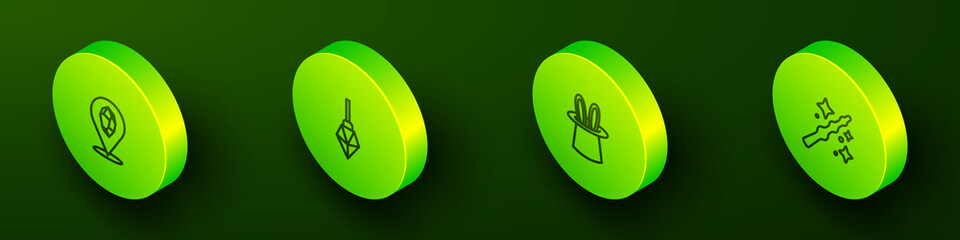 Set Isometric line Magic stone, Magician hat and rabbit ears and wand icon. Vector