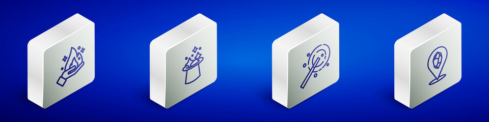 Set Isometric line Hand holding fire, Magic hat, wand and stone icon. Vector