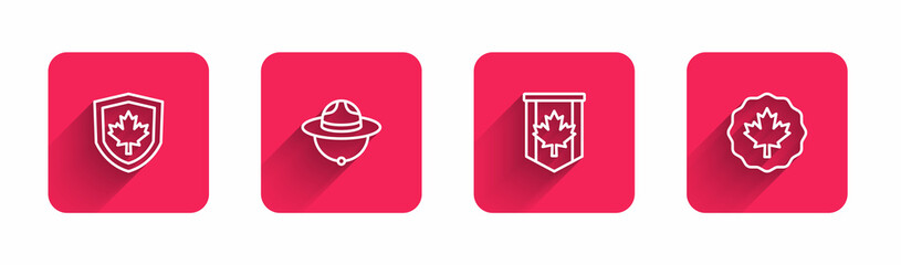 Set line Canada flag on shield, Canadian ranger hat, Pennant of and maple leaf with long shadow. Red square button. Vector