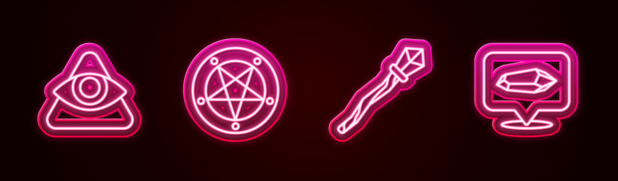 Set line All-seeing eye of God, Pentagram a circle, Magic staff and stone. Glowing neon icon. Vector