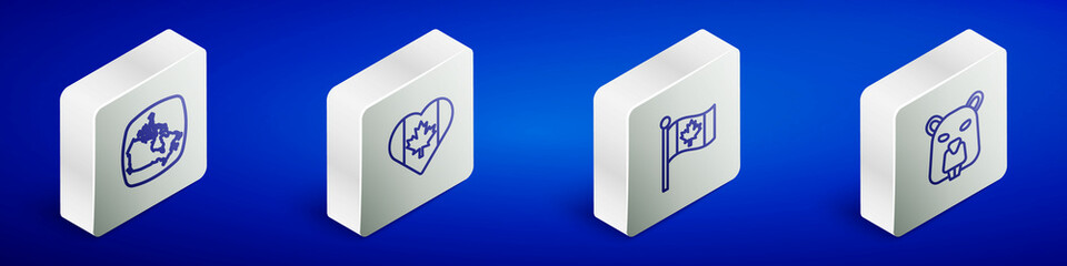 Set Isometric line Canada map, Heart shaped flag, Flag of and Beaver animal icon. Vector