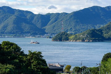 Coastal scenery of Seto Inland Sea, view from Innoshima Island towards Iwashijima Island and Honshu
