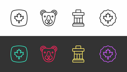 Set line Canadian maple leaf, Bear head, Inukshuk and on black and white. Vector