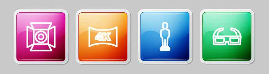 Set line Movie spotlight, Screen tv with 4k, trophy and 3D cinema glasses. Colorful square button. Vector