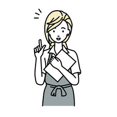 立って書類を手に持って何かひらめいたカフェ店員の女性