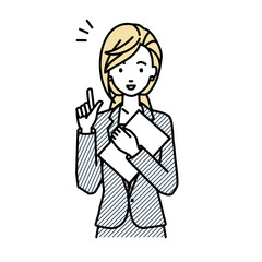 立って書類を手に持って何かひらめいたスーツの女性