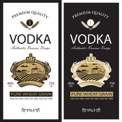 collection of vodka labels with royal crown, field and ears of wheat in retro style - obrazy, fototapety, plakaty