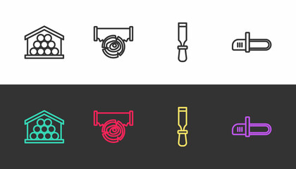 Set line Wooden logs, Two-handed saw and, Chisel tool and Chainsaw on black and white. Vector