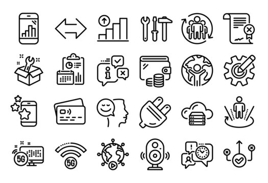 Vector set of Cogwheel, Cloud server and Teamwork line icons set. Calendar report, Money wallet and Credit card tag. Video conference, Global business and Electric plug icons. Vector