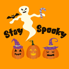 Stay spooky. Halloween quote with ghost and pumpkins. 