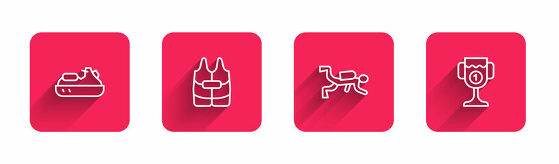 Set line Jet ski, Life jacket, Scuba diver and Award cup with long shadow. Red square button. Vector