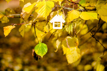 The symbol of the house hangs against the yellow autumn leaves