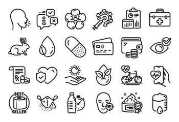 Vector set of Drop counter, Leaf dew and Organic product line icons set. Calendar report, Money wallet and Credit card tag. Problem skin, Medical prescription and First aid icons. Vector