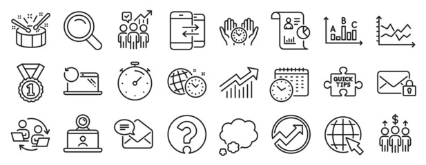 Set of Education icons, such as Search, Question mark, Recovery laptop icons. Time management, Business statistics, Timer signs. Safe time, Quick tips, Demand curve. Best rank, Audit. Vector
