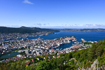 Aerial bird view of Bergen city and harbour